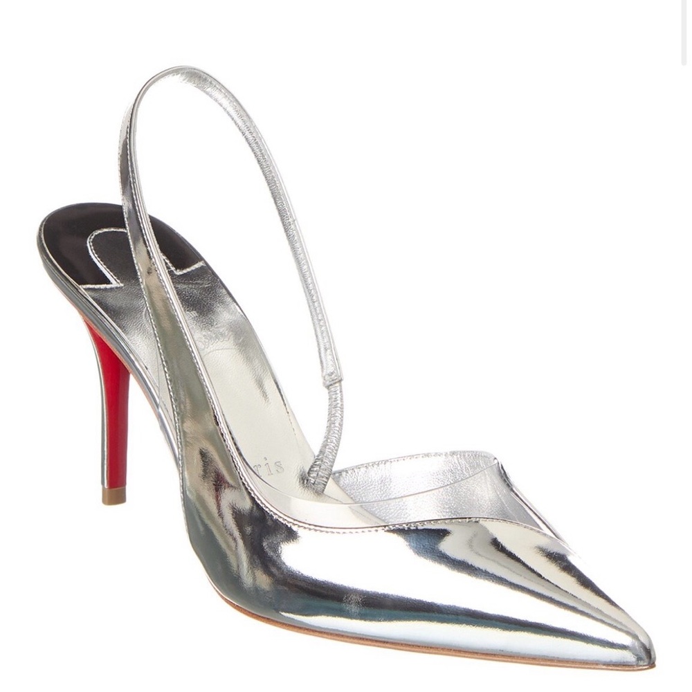 Christian Louboutin Posticha Silver Pointed-Toe Slingback Stiletto with Red Heel